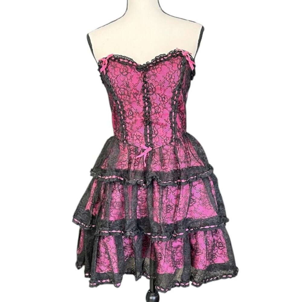 Vintage Betsey Johnson Sheer Lace & Ribbon Black Pink Strapless Cupcake Prom Dre